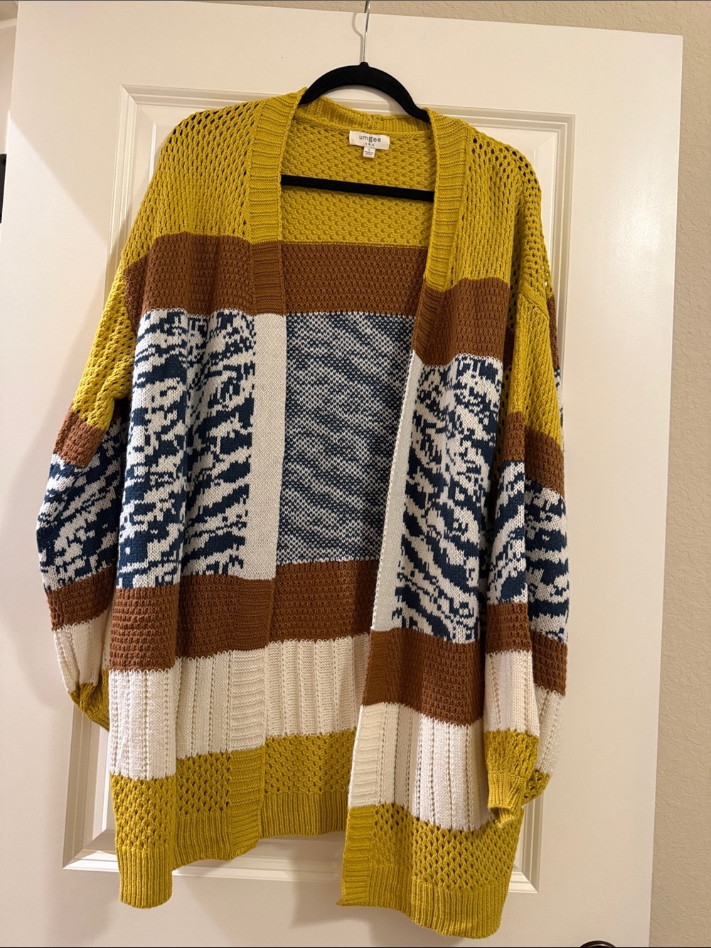 Umgee Mustard Multi Open-Front Colorblock Cardigan